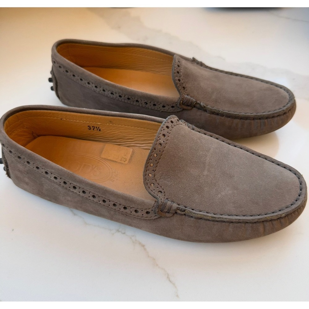 Tods Gommino Driving Loafers Taupe Grey Suede Brogue Perforated Flats Size 37.5